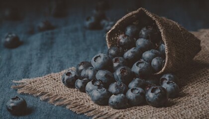 Wall Mural - scattered blueberry on burlap and blue background