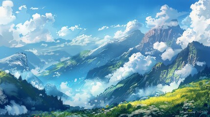 Wall Mural - Mountain landscape with lake and clouds