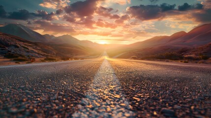 Low level view of empty old paved road in mountain area at sunset