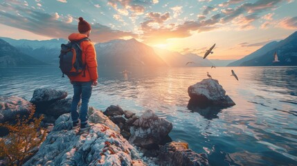 Sticker - A person standing on a rock looking at the water, AI