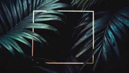 Wall Mural - rectangle neon frame on tropical palm leaves poster style