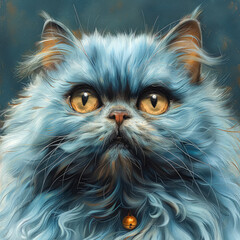 Canvas Print - A cat with a black coat and orange eyes is sitting on a couch. The cat's fur is long and fluffy, and it has a very cute and cuddly appearance