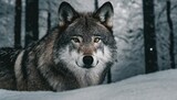 Fototapeta Sawanna - grey wolf in the cold snowy winter forest amazing wildlife generative ai