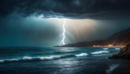 Wall Mural - illustration of lightning strikes the sea shoot by son generative ai