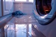 A shiny wet floor reflects a washing machine, indicating a laundry room spillage. Wet Laundry Floor Reflecting Washing Machine
