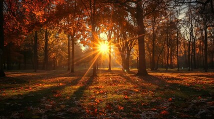 Wall Mural - Sunlight filtering through park trees