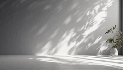 Wall Mural - empty gray room studio with shadow of tree leaves on the wall and floor for product presentation sunlight effect shadow concept minimal room backdrop design cosmetic beauty and fashion showroom