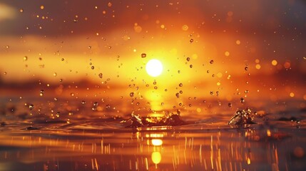 Wall Mural - A sunset with a lot of water droplets on the ground, AI