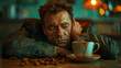Un homme en costume s'endort devant son café : épuisement professionnel, fatigue physique et mentale, état de surmenage