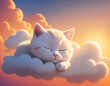 Cute little kitty peacefully dozes on a cloud, surrounded by the soft rays of the setting sun. Generative AI