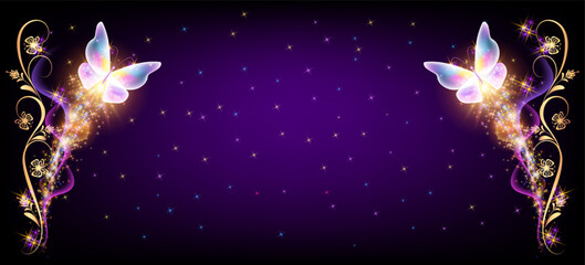 Wall Mural - Flying delightful butterflies with sparkle and blazing trail flying in night sky among shiny glowing stars in cosmic space. Animal protection day concept.