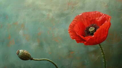 Wall Mural - Red poppy flower on green backdrop