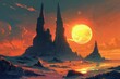 Alien planet landscape with glowing sun, fantastic rock formations and mountains, science fiction concept art, digital painting