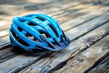 Bicycle Helmet On Rustic Wooden Background, Outdoor Sports Safety Gear Close-up Illustration
