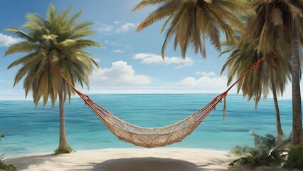 Wall Mural - Island Bliss: A Charming Hammock Strung Between Two Palm Trees Overlooking the Sea