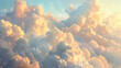 an expansive view of fluffy clouds illuminated by the soft glow of a setting or rising sun.