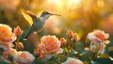 Fototapeta Przestrzenne - A hummingbird hovers over blooming roses with sunlight casting a golden glow, soft tones, fine details, high resolution, high detail, 32K Ultra HD, copyspace