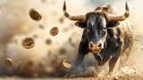 Fototapeta  - A raging bull in dynamic motion, coins flying around it in a dust cloud, soft tones, fine details, high resolution, high detail, 32K Ultra HD, copyspace