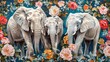 Artistic depiction of elephants with vibrant, colorful floral background, soft tones, fine details, high resolution, high detail, 32K Ultra HD, copyspace