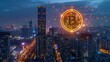 Glowing Bitcoin symbol rising above a digitally enhanced cityscape at night, soft tones, fine details, high resolution, high detail, 32K Ultra HD, copyspace