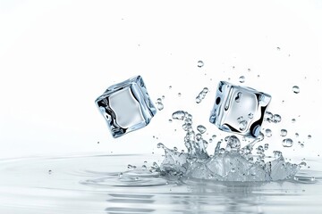 Wall Mural - Two ice cubes falling and splashing into water, isolated on white background, 3D rendering