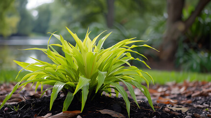 Wall Mural - a vibrant green plant with long, pointed leaves, growing in a garden area