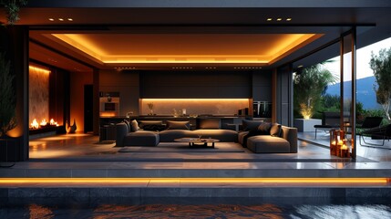 Wall Mural - A large open living room with a fireplace and a pool