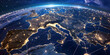 europe map and point illuminating in digital network light , the globe with data network and lines, mediterranean landscapes, glowing lights, aerial view, regionalism 