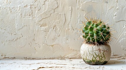 Wall Mural - A small cactus in a tiny pot on a table