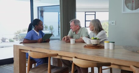 Wall Mural - Senior couple, nurse and medical talk in a retirement home for insurance and healthcare advice. Consulting, support and patient with caregiver communication about cancer diagnosis in discussion