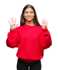 Wall Mural - Young beautiful arab woman wearing winter sweater over isolated background showing and pointing up with fingers number nine while smiling confident and happy.