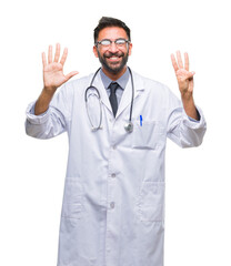 Poster - Adult hispanic doctor man over isolated background showing and pointing up with fingers number eight while smiling confident and happy.