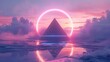 pyramid inside a neon circle with a large lake and an orange sunset in high resolution and high quality. neon,futuristic concept