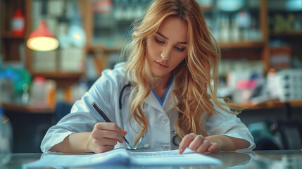 Wall Mural - Close-up view of female doctor hands filling patient registration form. Healthcare and medical concept.