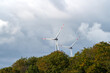 Wind turbines behind the trees under the cloudy sky
