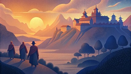 Poster - The sun sets behind the tranquil monastery its warm glow casting a calming light over the tranquil grounds. The monks can be seen walking