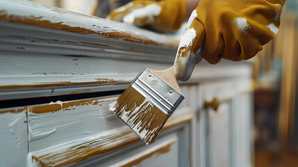 Closeup of man hands with gloves holding painting brush and painting dark kitchen cabinet into white color. Renewing restyling old fashioned wood furniture