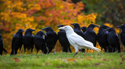 Wall Mural - Unique white crow amidst black ones - concept of being different