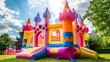 beautiful colorful inflatable castle in a garden patio during the day