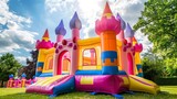 Fototapeta Kosmos - beautiful colorful inflatable castle in a garden patio during the day