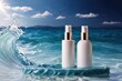 Product packaging mockup photo of Serum or cosmetics with a simple, elegant design White and blue tones There are blue sea waves and the sky is clear It is a backdrop for product presentations., studi