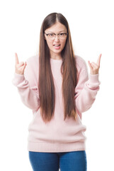 Sticker - Young Chinese woman over isolated background wearing glasses shouting with crazy expression doing rock symbol with hands up. Music star. Heavy concept.