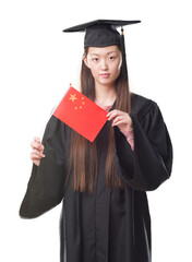 Wall Mural - Young Chinese woman wearing graduate uniform holding China flag with a confident expression on smart face thinking serious