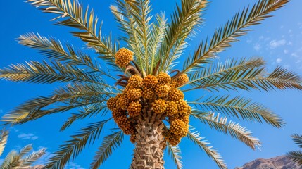 Wall Mural - Close-up of Palm Tree with Ripe Yellow Fruits