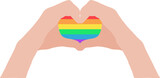 Fototapeta Tęcza - hands in the shape of a heart, heart with an LGBT rainbow. happy pride month. people freedom in love. vector illustration in flat style. isolated on white background