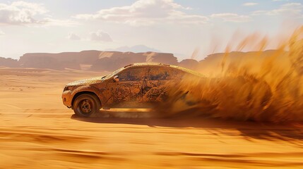  A car, its frame woven from sand, moves gracefully across the desert terrain.8K UHD, High definition, High quality texture, intricate detailed, detailed texture, finely detailed.