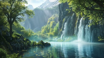 Wall Mural - A serene waterfall by a lake in a lush forest