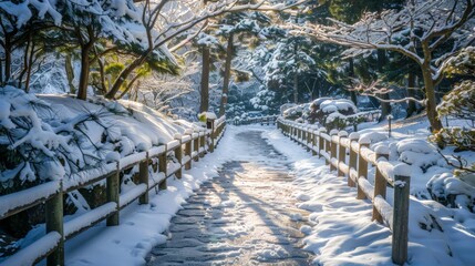 Sticker - Snowy path in Japanese garden with trees and snow