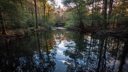 Poster - A river flowing with trees and water in the backdrop