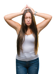 Sticker - Young caucasian beautiful woman over isolated background suffering from headache desperate and stressed because pain and migraine. Hands on head.